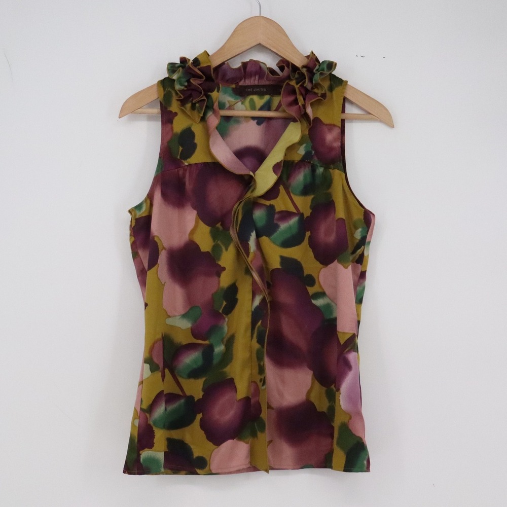 The Limited Blouse Womens S Ruffle Neck Multicolor Floral Sleeveless Excellent
